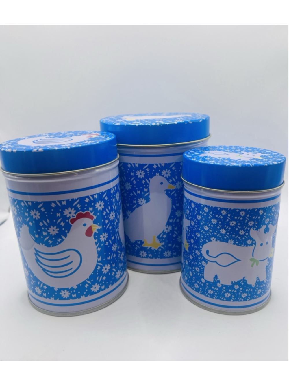 Set of (3) Vintage Country Calico Tin Kitchen Canisters Blue Farm Duck Chick Cow